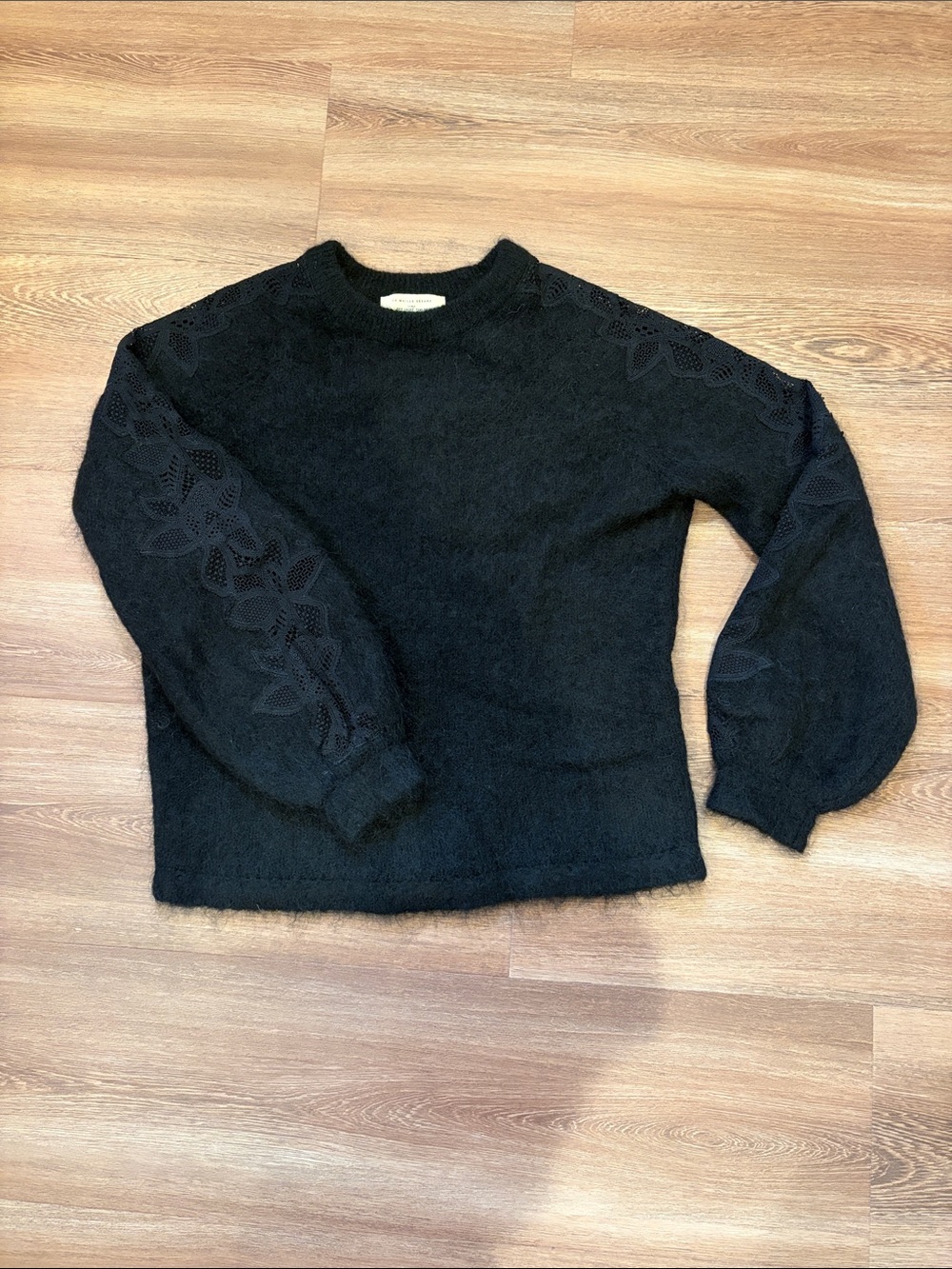 Sézane Grace Jumper Black Kid Mohair Merino Lace-Sleeve Detail Sweater Size XS
